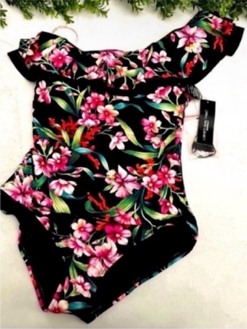Carmen Marc Valvo Black Off-Shoulder One-Piece with Pink Floral Print Size 12